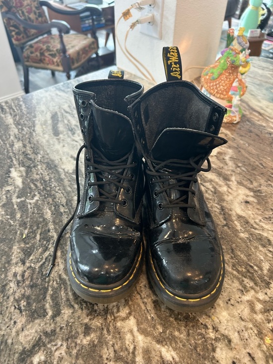 Dr. Martens Shoes - Dr. Martens Black Patent Combat Boots size tag faded 8? Have wear cracking punk